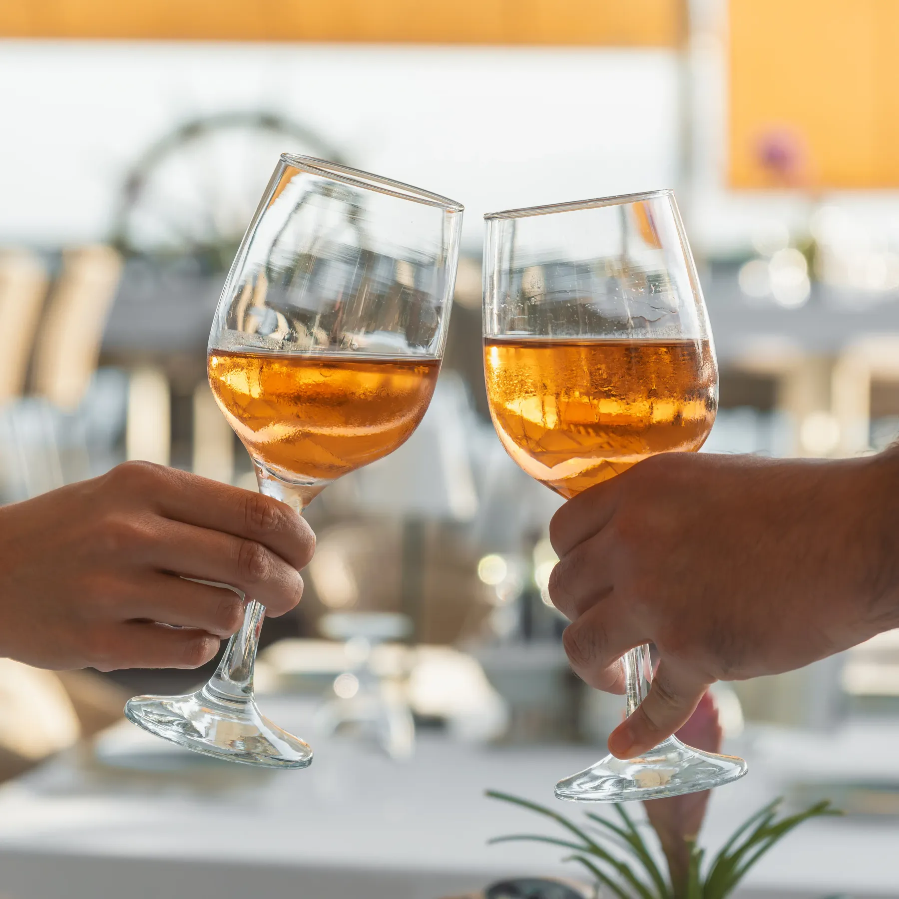 Brindis con dos copas de vino rosado en la terraza de Aqua
