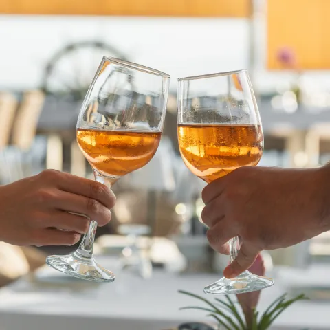 Brindis con dos copas de vino rosado en la terraza de Aqua